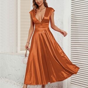 Elegant Satin V-Neck Maxi Dress in Burnt Orange